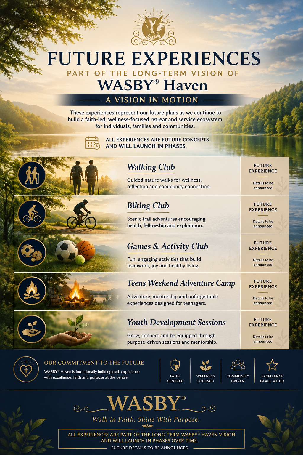 Future wellness and community experiences planned as part of the long-term WASBY® Haven vision, including walking clubs, biking clubs, youth development and wellness retreats.